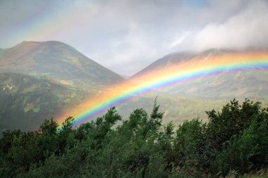 Morning rainbow on a background of mountains clipart