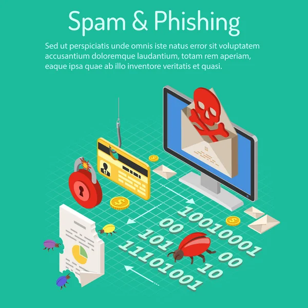 Spam y Phishing Concepto isométrico — Archivo Imágenes Vectoriales