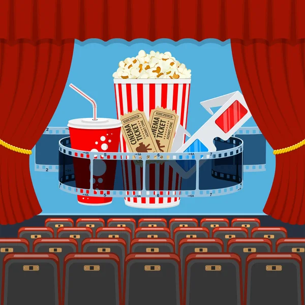 Koltuklar ve patlamış mısır ile sinema konser salonu — Stok Vektör