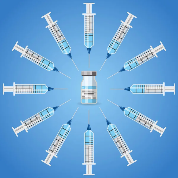 Seringa médica de plástico e ícone do frasco — Vetor de Stock