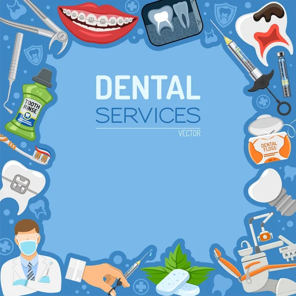 Banner e moldura de serviços odontológicos — Vetor de Stock
