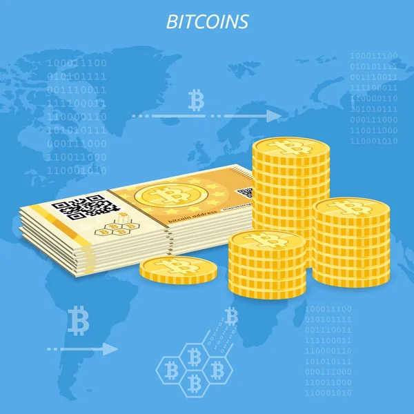 Kripto Döviz Alım bitcoin banknot ve madeni paralar — Stok Vektör