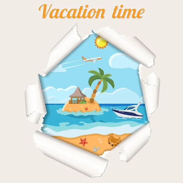 Vacation Concept Island through Torn Hole in Paper — Stock Vector