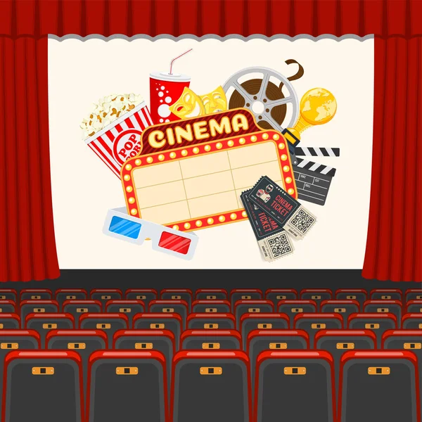 Auditorio de cine con asientos y palomitas de maíz — Vector de stock