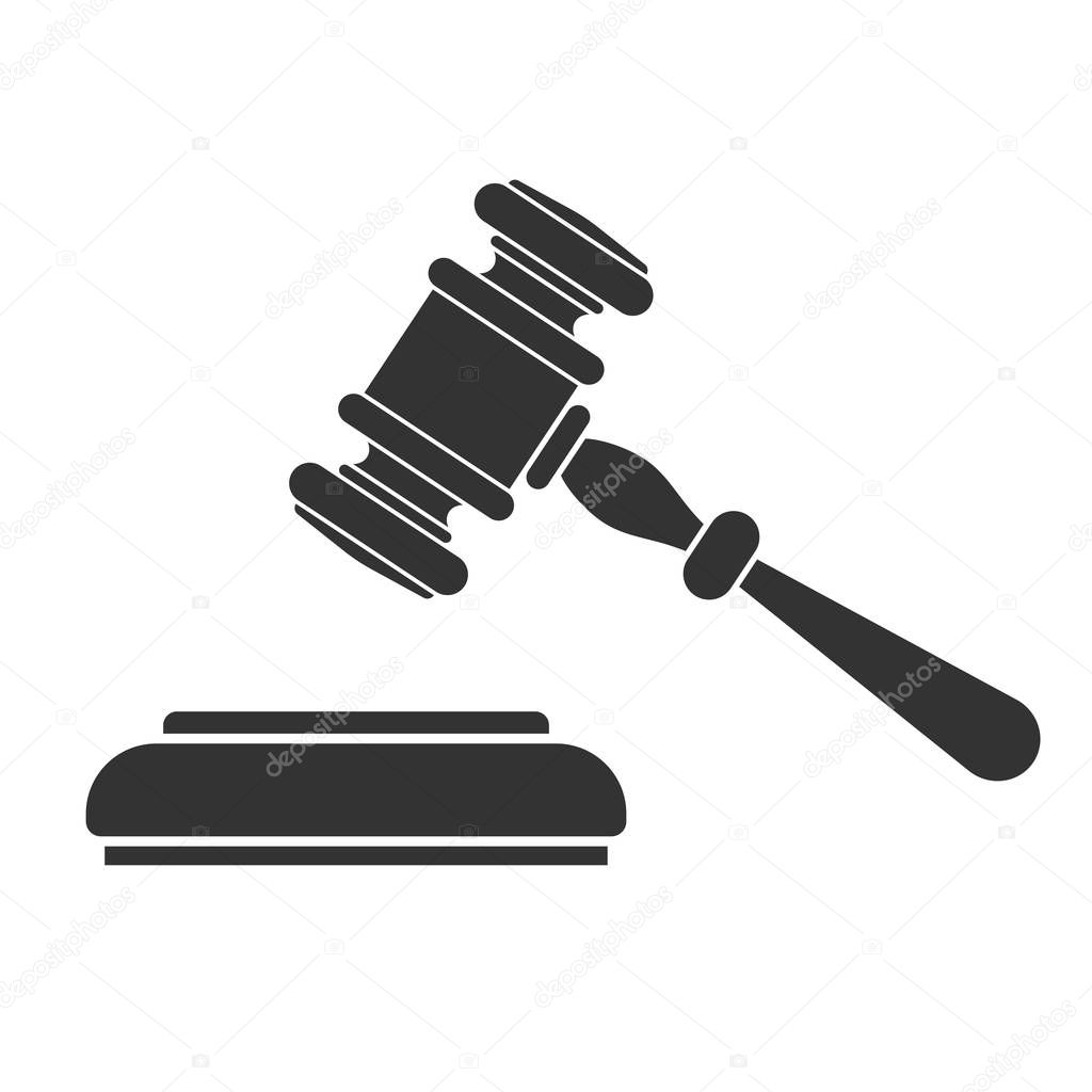 Law and order or auction concept. protection logotype with gavel judge or auctioneer. concept auction, justice. flat icons for poster, web site, advertising, logo. isolated vector illustration