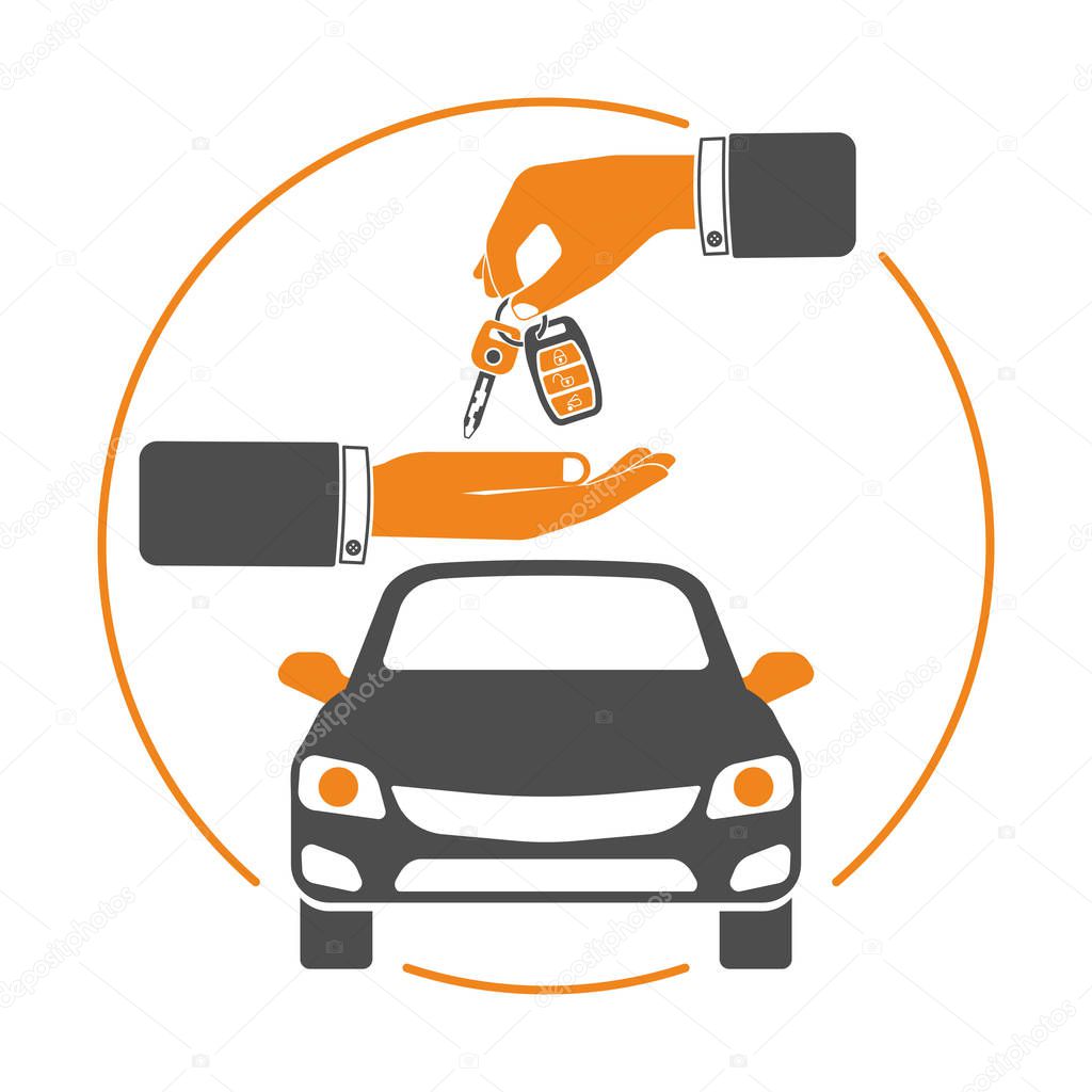 Purchase, buy, sharing or rental car logo with flat icons. car dealer gives keys to buyer. isolated vector illustration