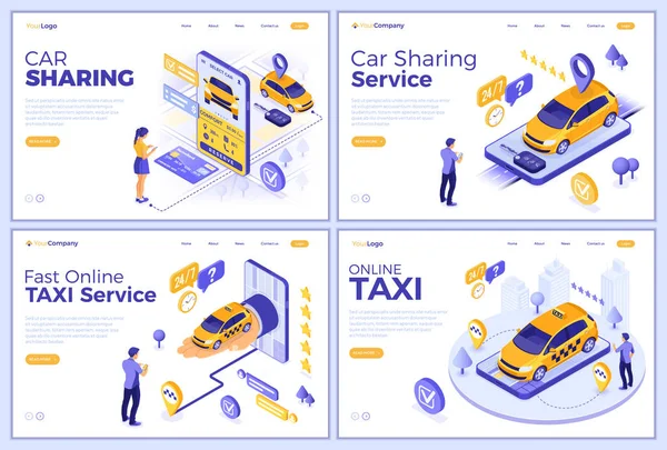 Isométrico coche compartido y taxi en línea — Vector de stock
