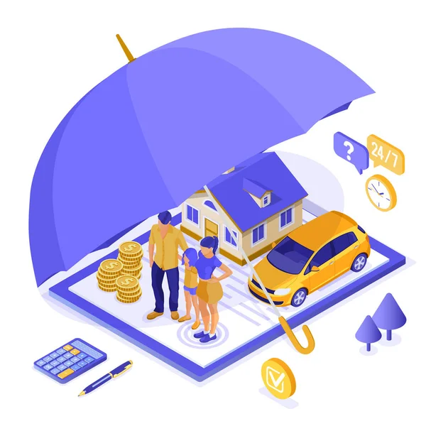 Property House Car Family Insurance Isometric Concept Poster Web Site — Stock Vector