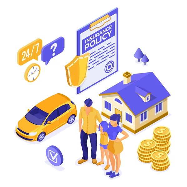부동산 자동차 보험등을 경제학적 개념인 포스터 사이트 클립보드 방패에 정책을 — 스톡 벡터
