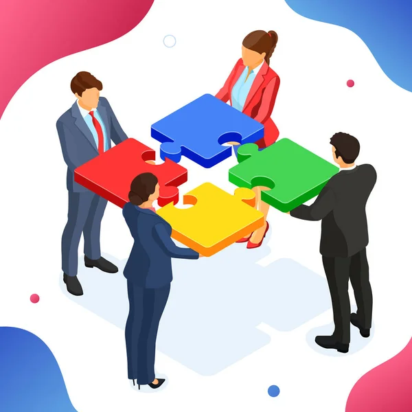 Teamwork Business Mans Womans Partnership Collaboration Puzzles Infographics B2B Hero — Stockový vektor