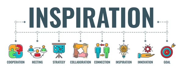 Teamwork Inspiration Horizontal Banner Colored Line Icons Team Goal Inspiration — Stock Vector