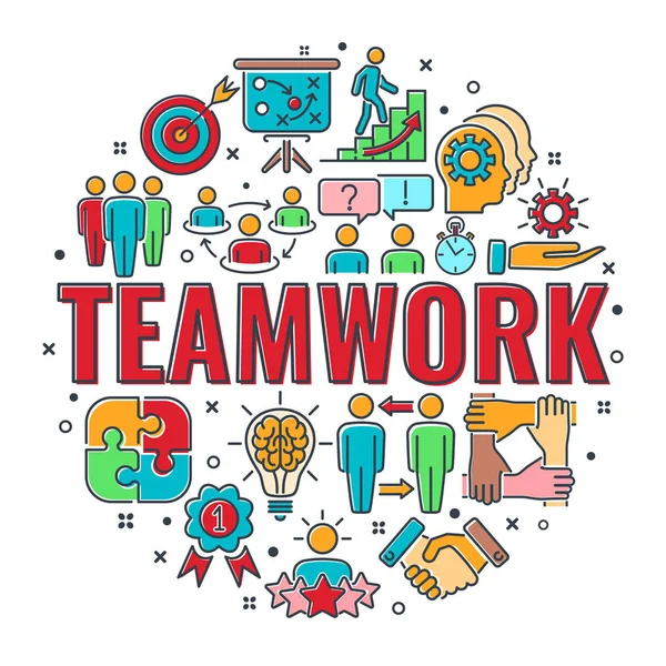 Teamwork Collaboration Banner Colored Line Icons Team Goal Inspiration Career — Stock Vector