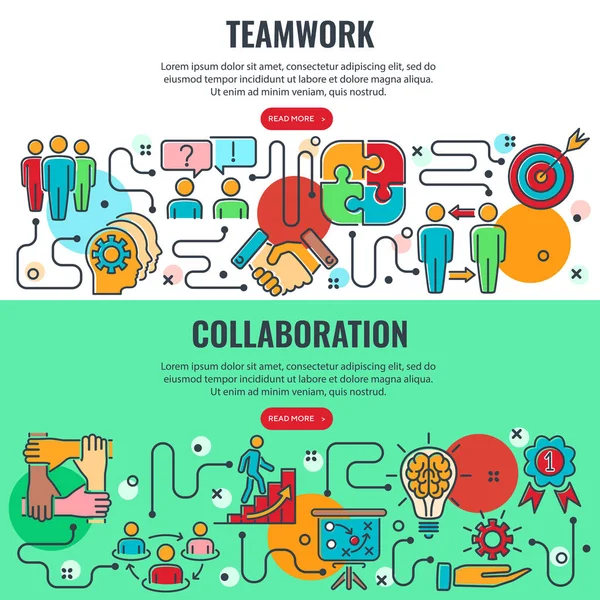 Teamwork Samenwerking Horizontale Banners Met Gekleurde Lijn Pictogrammen Team Doel — Stockvector