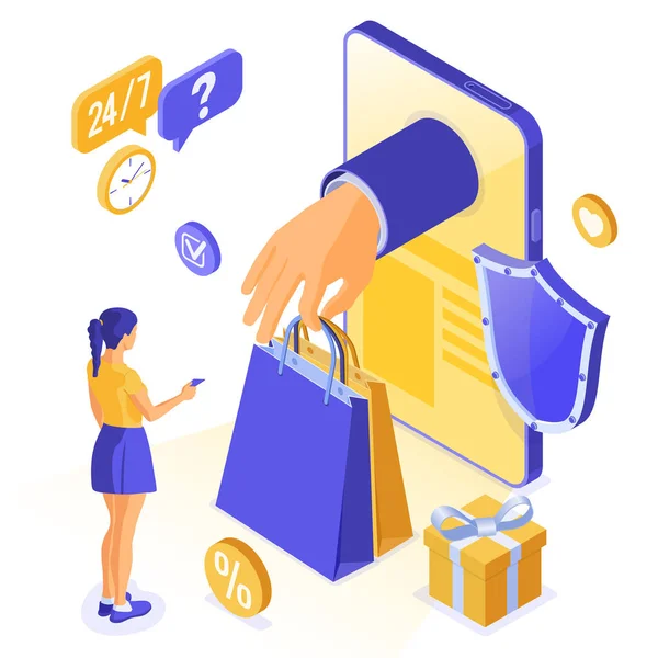 Isometric Online Shopping Delivery Logistics Concept Smartphone Hand Hold Bag — Stock Vector