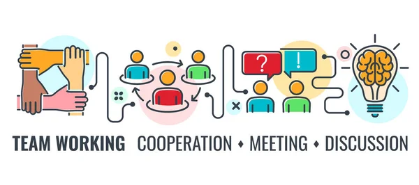 Teamwork Cooperation Meeting Horizontal Banner Colored Line Icons Team Handshake — Stock Vector