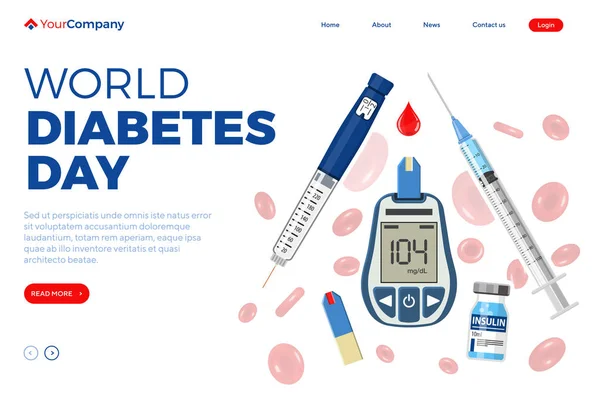 糖尿病の概念を制御しなさい 世界糖尿病の日 血糖値計 インスリンペン注射器 赤血球とバイアル ランディングページテンプレート 孤立したベクトル図 — ストックベクタ