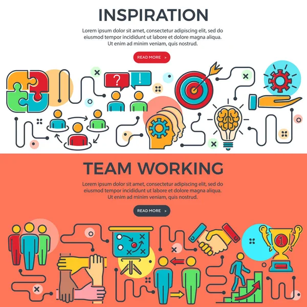 Teamwork Inspiration Horizontal Banners Colored Line Icons Team Goal Inspiration — Stock Vector
