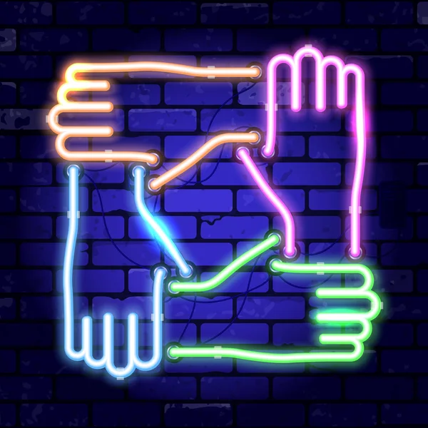 Neon Signboard Joined Hands Together Teamwork Collaboration Friendship Bright Night — Stock Vector