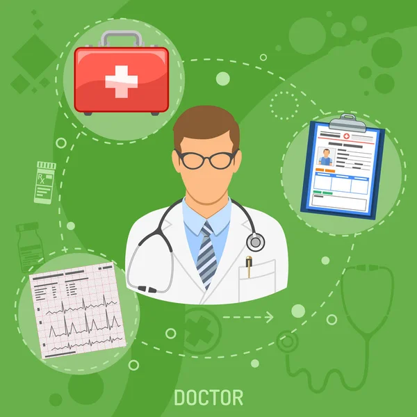 Banner Médico Cuadrado Doctor Con Iconos Planos Cardiograma Historia Clínica — Vector de stock