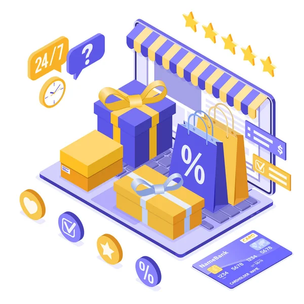 Isométrico Compras Línea Entrega Concepto Logística Portátil Con Bolsa Entrega — Archivo Imágenes Vectoriales