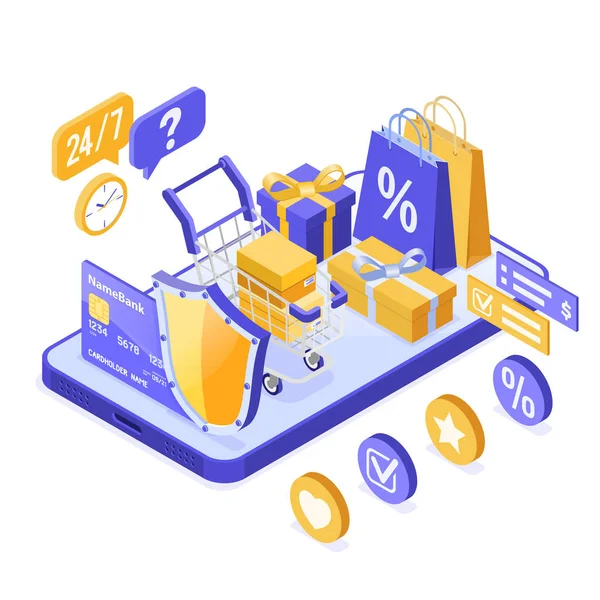 Shopping Online Isometrico Consegna Concetto Logistico Smartphone Con Borsa Consegna — Vettoriale Stock