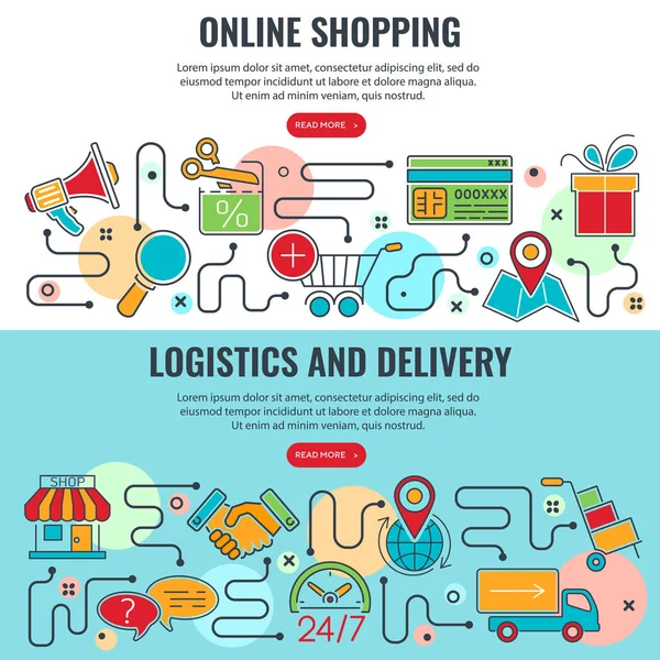 Online Internet Zakupy Logistyka Dostawy Baner Poziomy Kolorowych Ikon Linii — Wektor stockowy