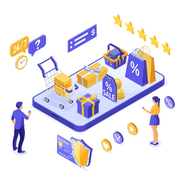 Izometryczne Zakupy Online Dostawa Koncepcja Logistyki Ludzie Kupują Online Pośrednictwem — Wektor stockowy