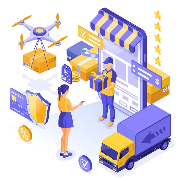 Isometric Online Nakupování Doručování Logistika Koncept Dívka Koupit Line Přes — Stockový vektor