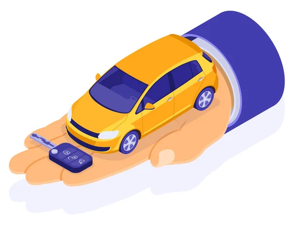 Sale Purchase Rent Car Isometric Concept Landing Advertising Hands Dealer — Stock Vector
