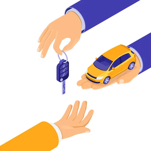 Sale Purchase Rent Car Isometric Concept Landing Advertising Hands Hold — Stock Vector