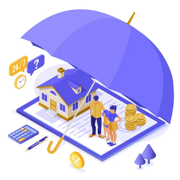 Property House Family Finance Insurance Isometric Concept Poster Web Site — Stock Vector