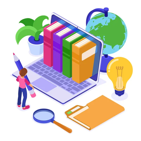 Online Education Distance Exam Isometric Character Internet Course Learning Home — Stock Vector