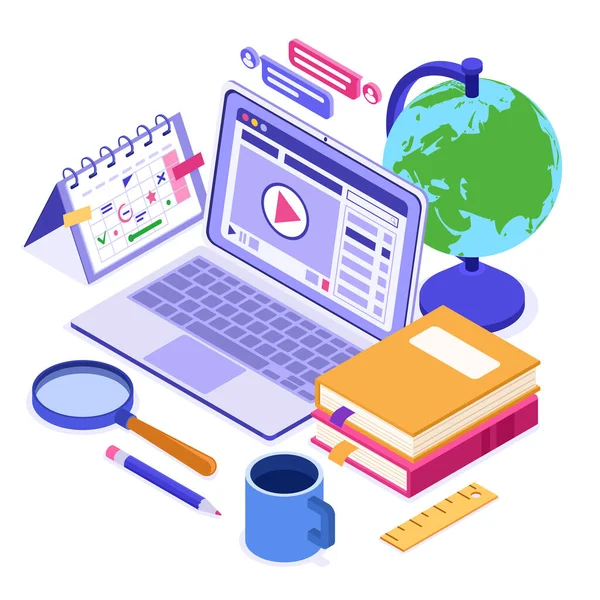 Online Education Distance Test Isometric Character Internet Course Learning Home — 스톡 벡터