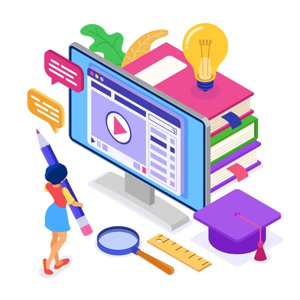 Online Education Distance Exam Isometric Character Internet Course Learning Home — Stock Vector