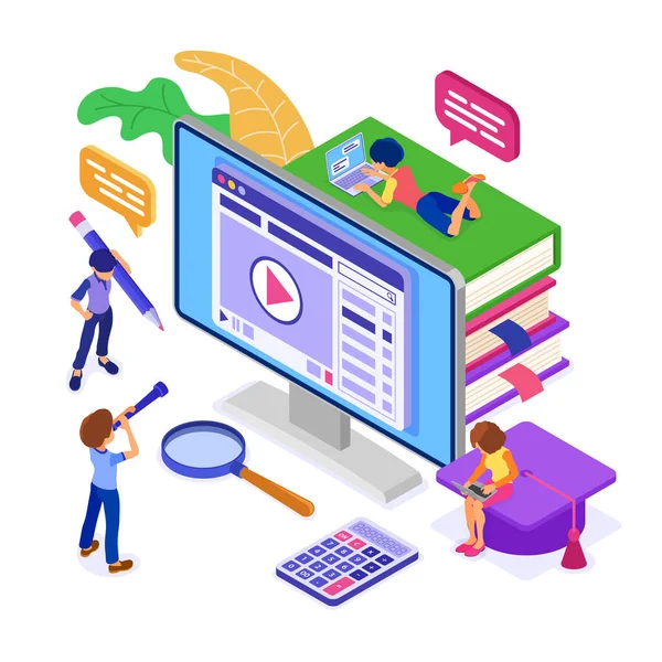 Enseignement Ligne Examen Distance Avec Caractère Isométrique Cours Ligne Learning — Image vectorielle