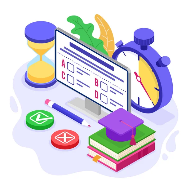 Enseignement Ligne Test Examen Distance Avec Icône Isométrique Cours Ligne — Image vectorielle
