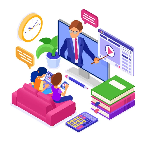 Online Education Distance Test Isometric Character Internet Course Learning Home — 스톡 벡터