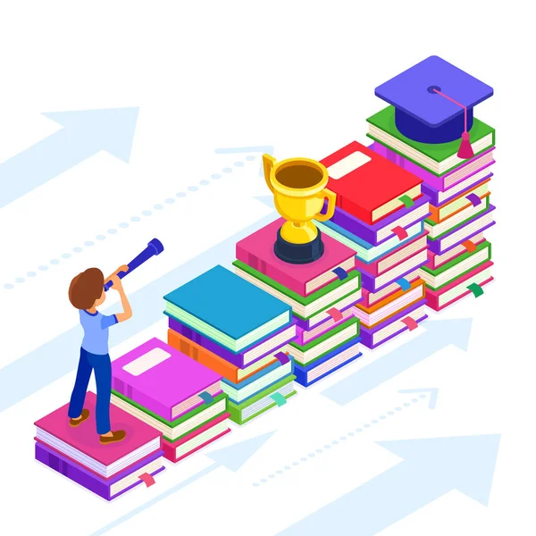 Education Business Success Isometric Student Businessman Standing Books Looking Telescope — Stock Vector