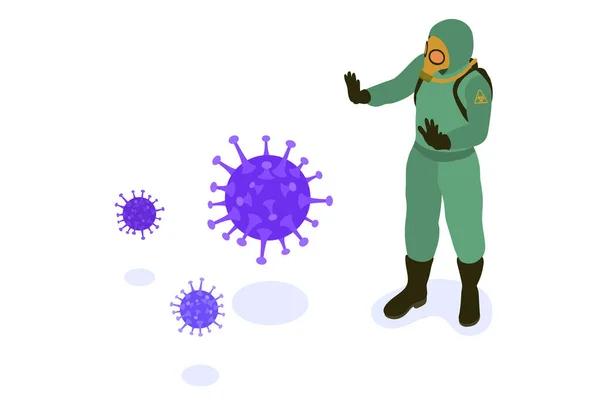 Covid Coronavirus Docteur Vêtements Protection Chimique Coverall Masques Gaz Arrêter — Image vectorielle