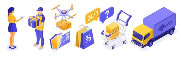 Isometric Concept Logistique Livraison Achats Ligne Marchandises Livraison Camion Drone — Image vectorielle