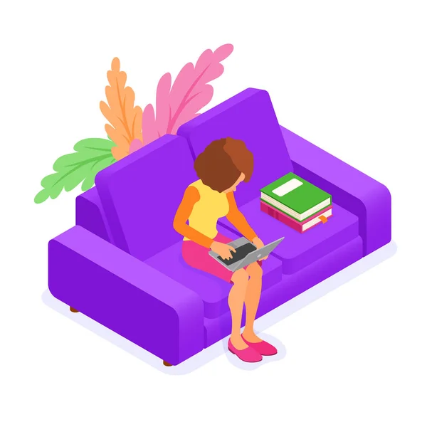 온라인 Internet Learning Home Girl Study Couch Book Laptop Isometric — 스톡 벡터