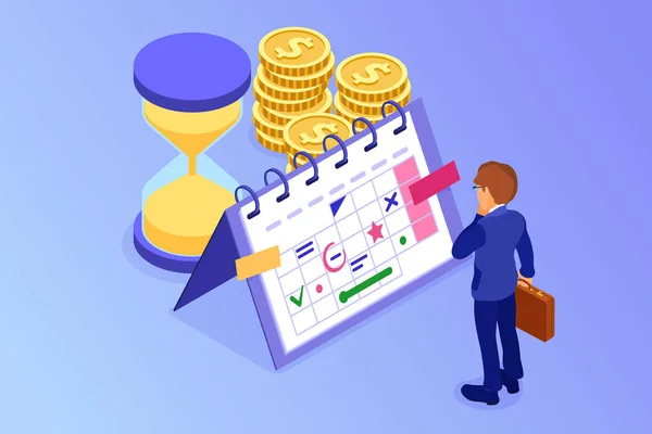 Planering Schema Time Management Affärsman Planering Arbete Hemifrån Med Timglas — Stock vektor