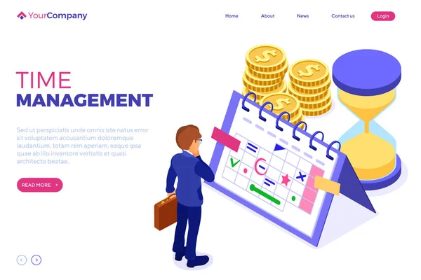 Planering Schema Time Management Affärsman Planering Arbete Hemifrån Med Timglas — Stock vektor
