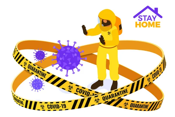 Covid Quarantine Coronavirus Stay Home Doctor Chemical Protective Clothing Coverall — Stock Vector