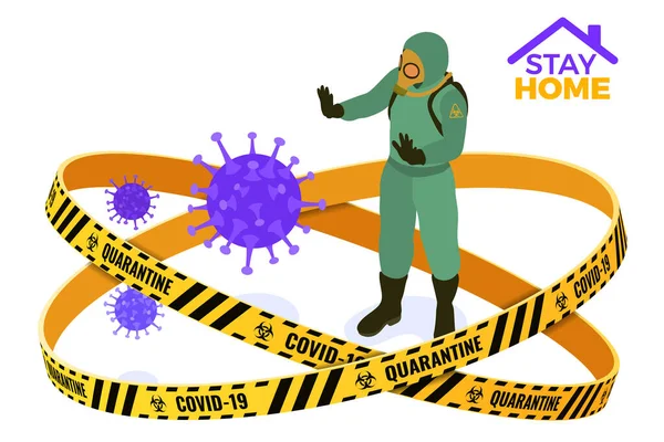 Covid 19コロナウイルスの隔離は家にいます 化学保護服の医者カバーとガスマスクはコロナウイルスを停止します パンデミックCovid 19流行からの隔離 アイソメトリックベクトル — ストックベクタ