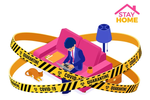 Covid Coronavirus Quarantine Stay Home Businessman Working Home Hombre Sienta — Vector de stock