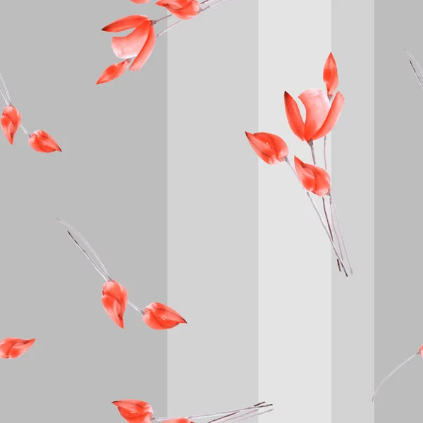 Seamless pattern watercolor of red tulips on a gray background with vertical stripes — Stock Photo, Image