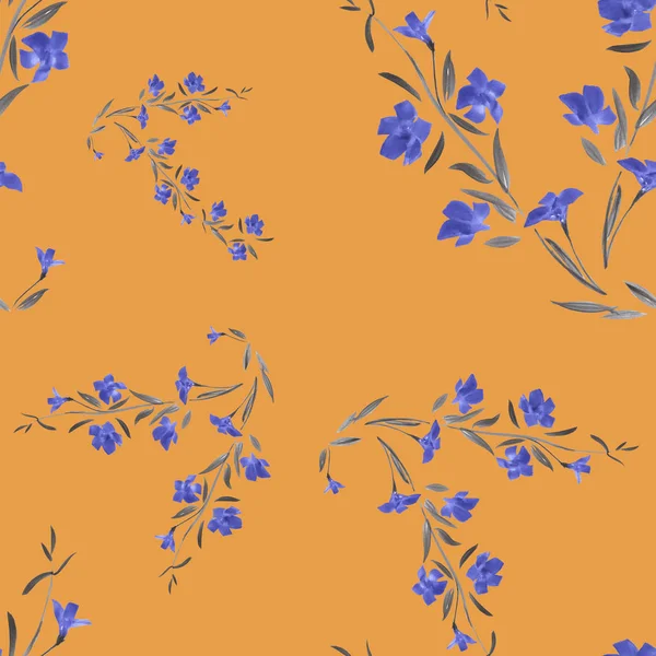 Бесшовный рисунок диких голубых цветов на оранжевом фоне. Акварель — стоковое фото