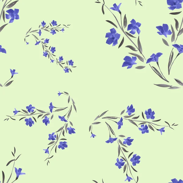 Бесшовный узор голубых цветов на светло-зеленом фоне. Акварель . — стоковое фото
