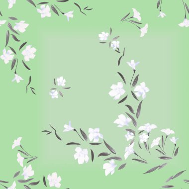 Açık yeşil arka planı üzerinde beyaz çiçek seamless modeli. Suluboya.